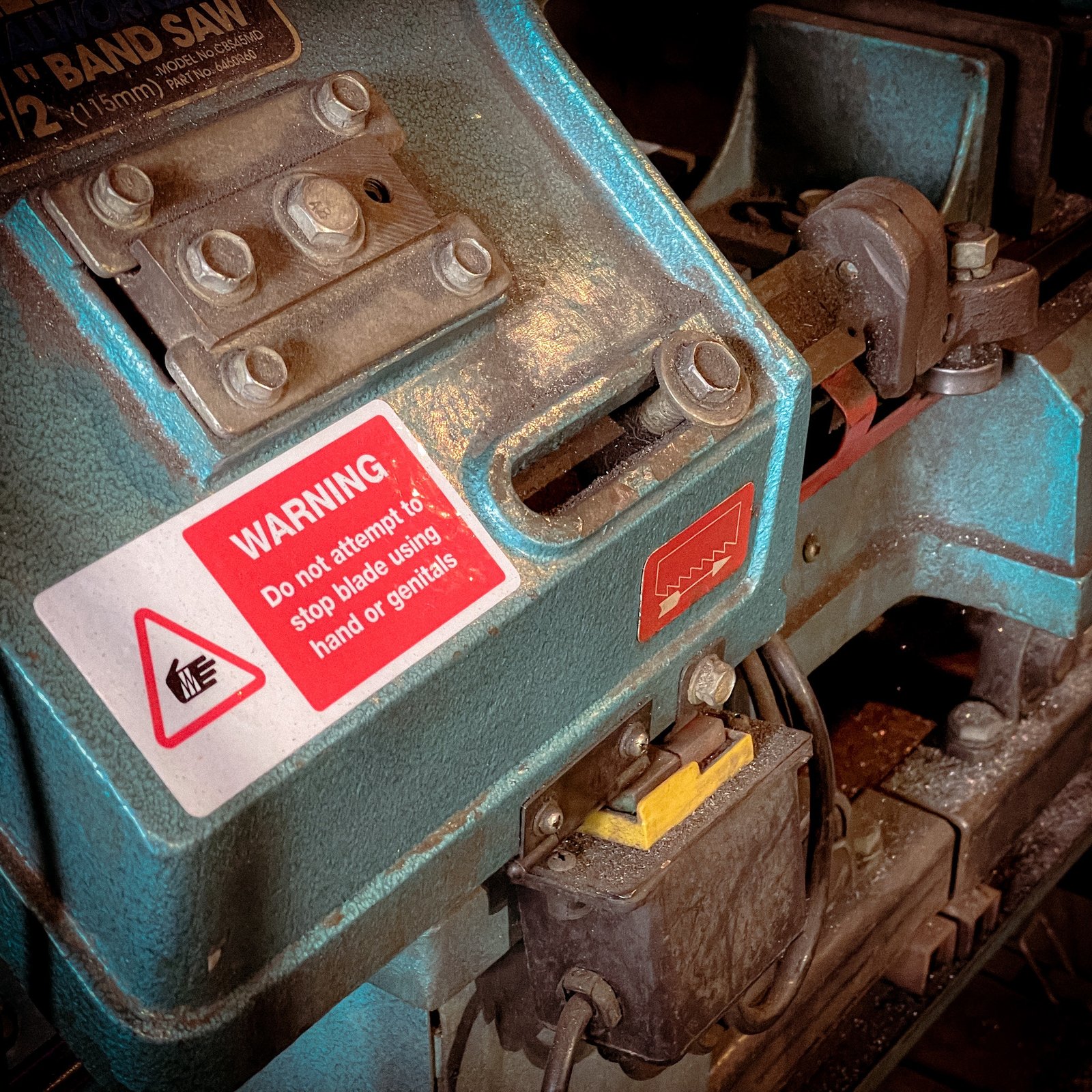 Funny "safety" sticker - WARNING: Do not attempt to stop blade with hand or genitals