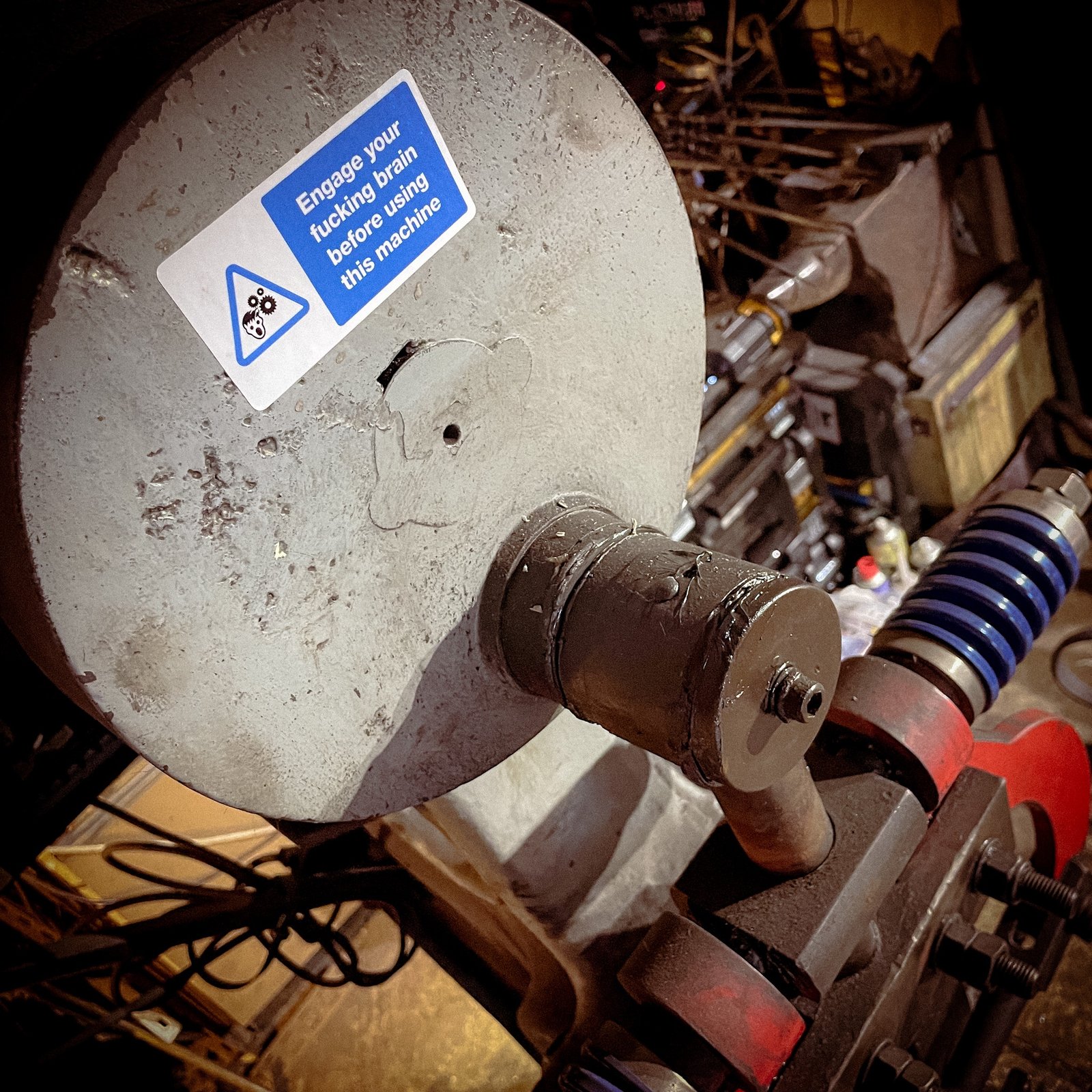 Funny "safety" sticker - Engage your fucking brain before using this machine