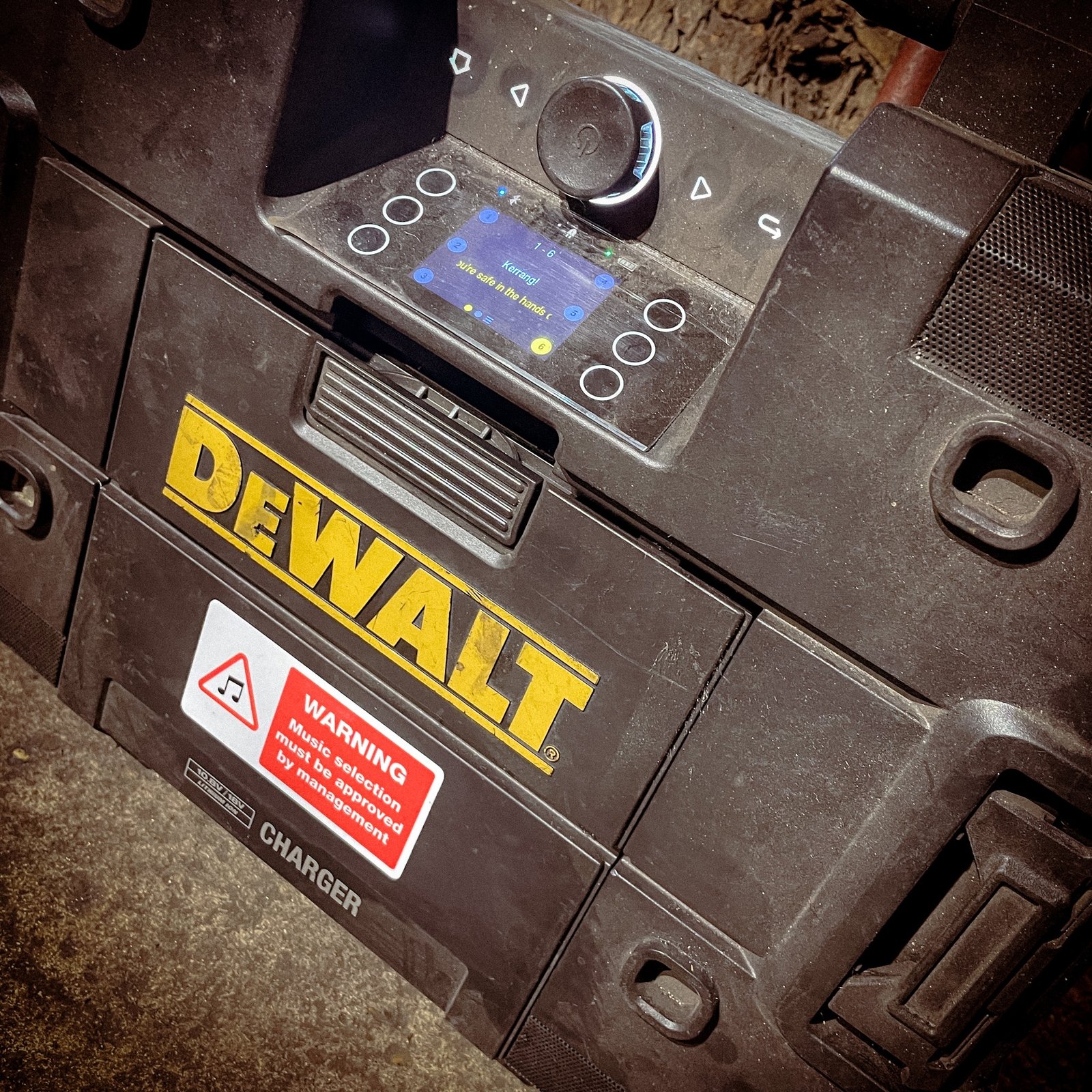 Funny "safety" sticker - WARNING: Music selection must be approved by management