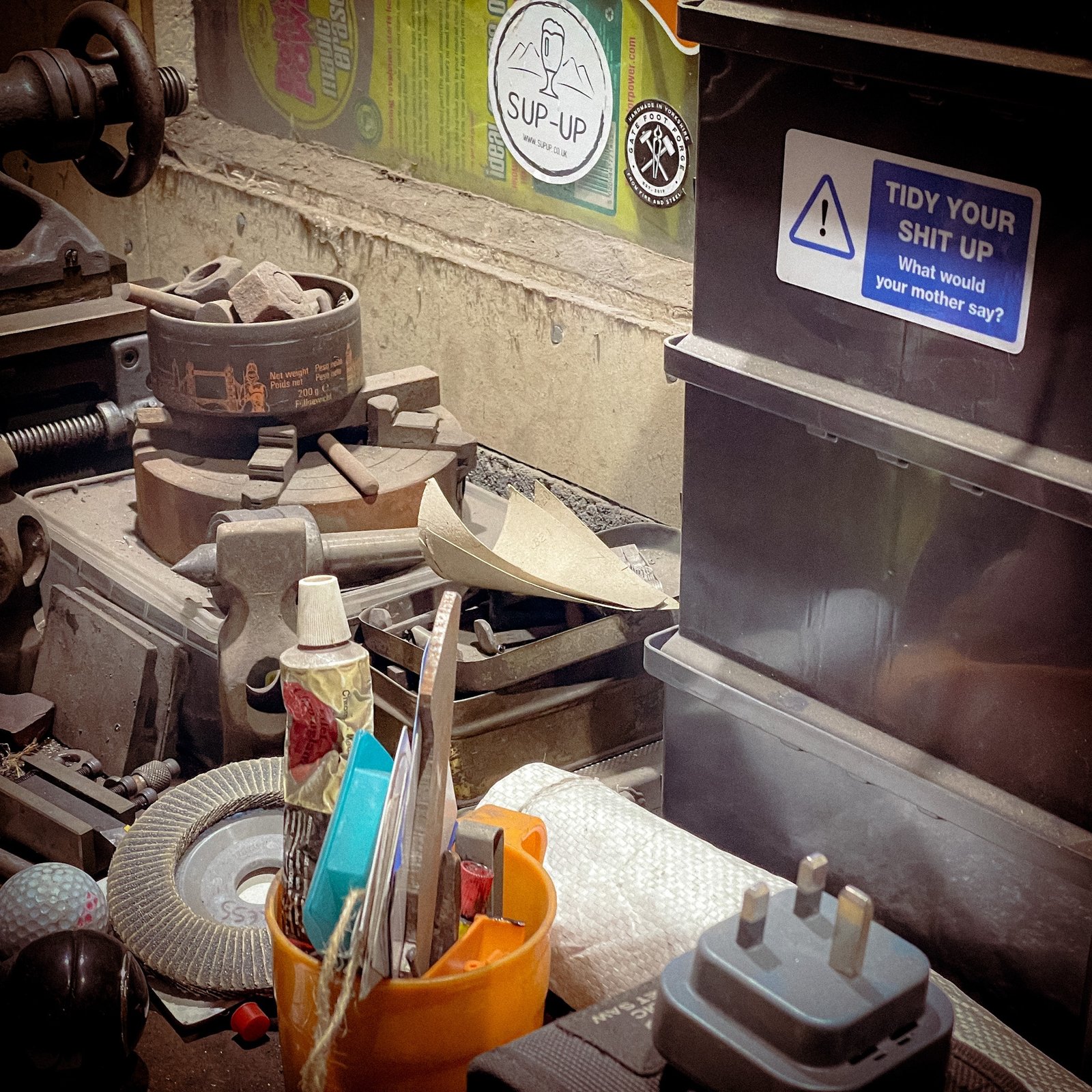 Funny "safety" sticker - Tidy your shit up: What would your mother say?