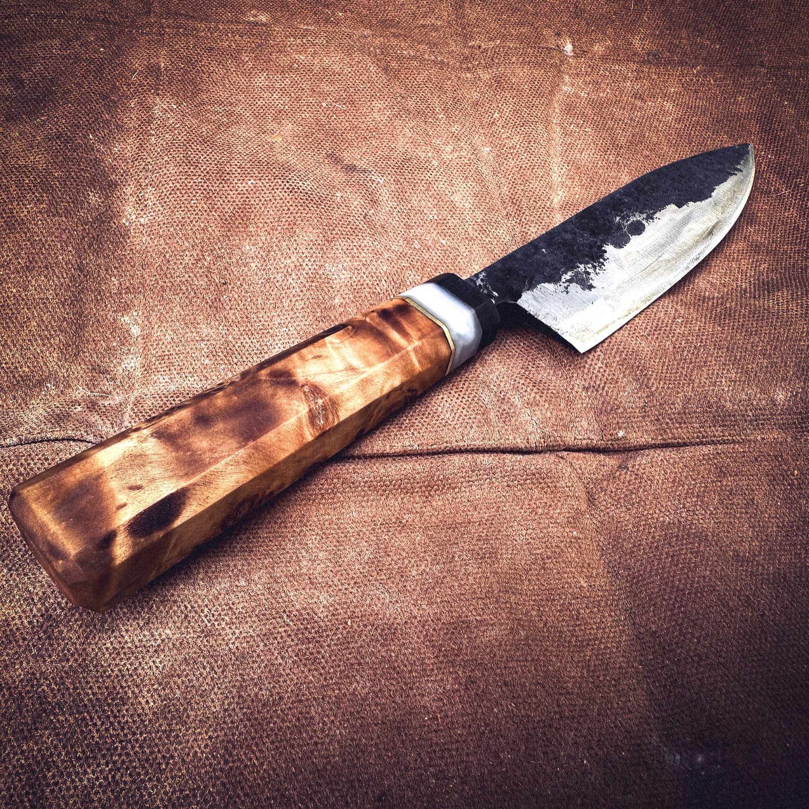 Bespoke Hand Forged Chef Knife - Poplar Burl 135mm - Image 3