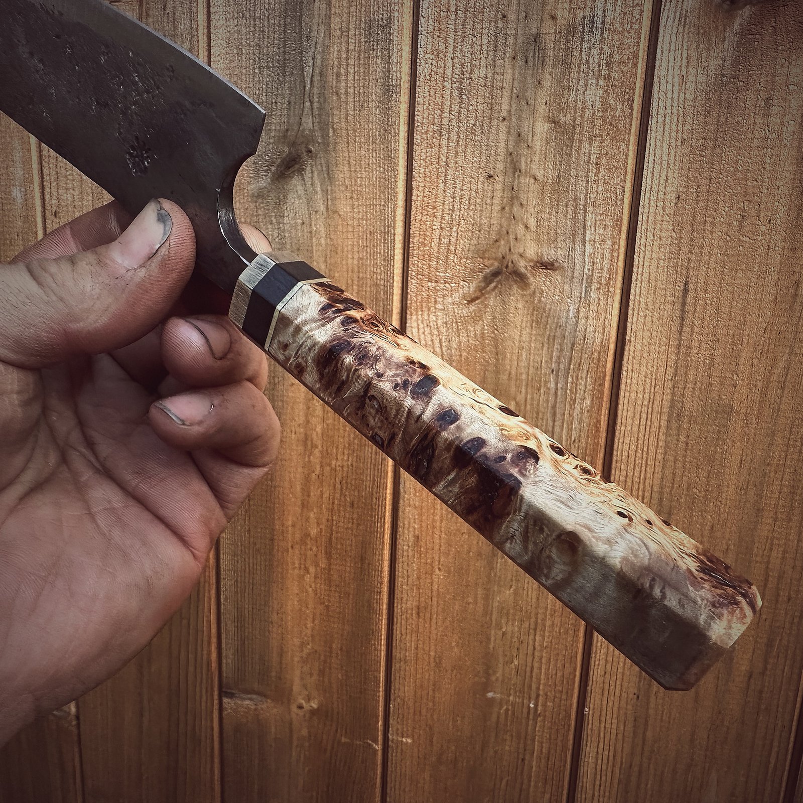 Bespoke Hand Forged Chef Knife - Poplar Burl 180mm - Image 2
