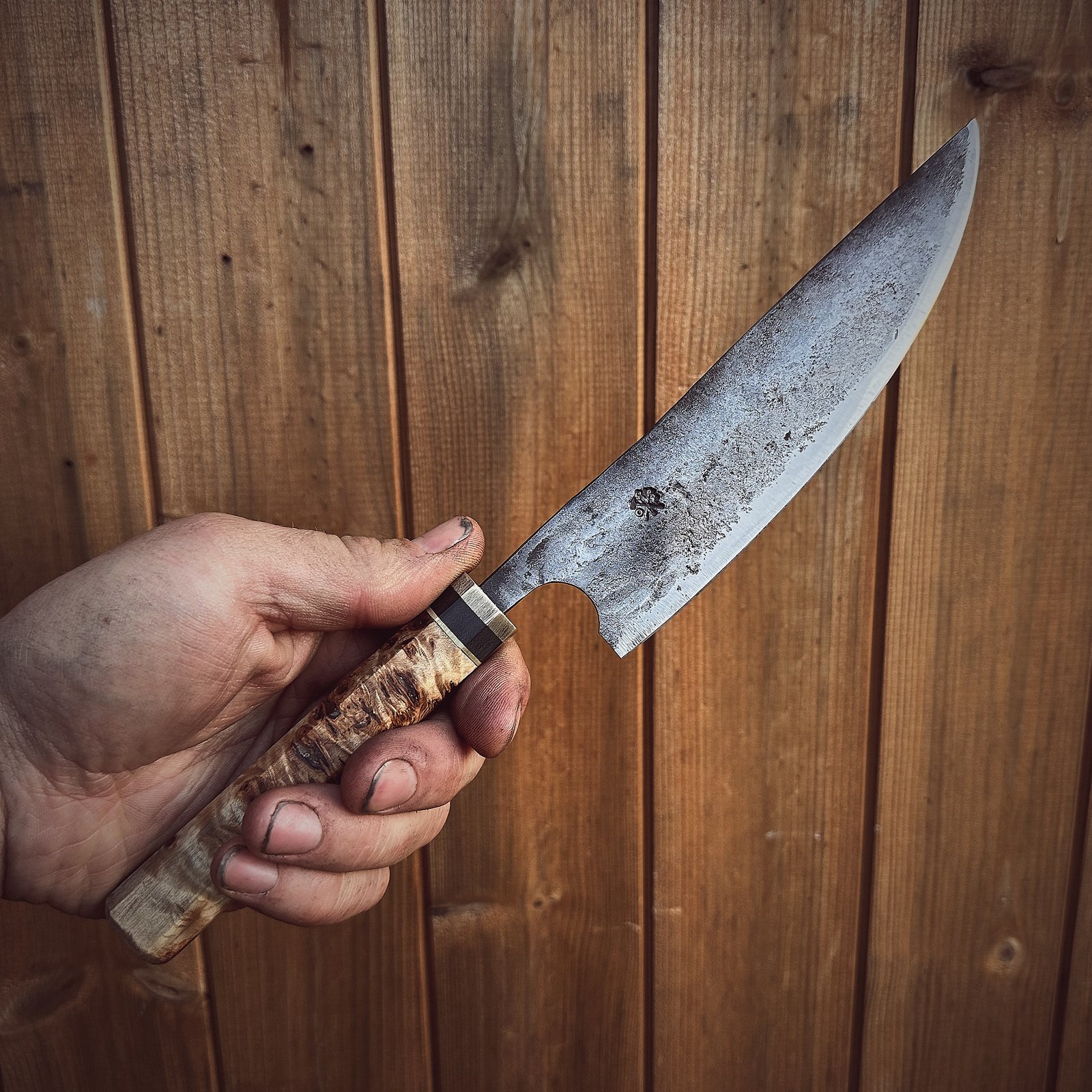 Bespoke Hand Forged Chef Knife - Poplar Burl 180mm - Image 3
